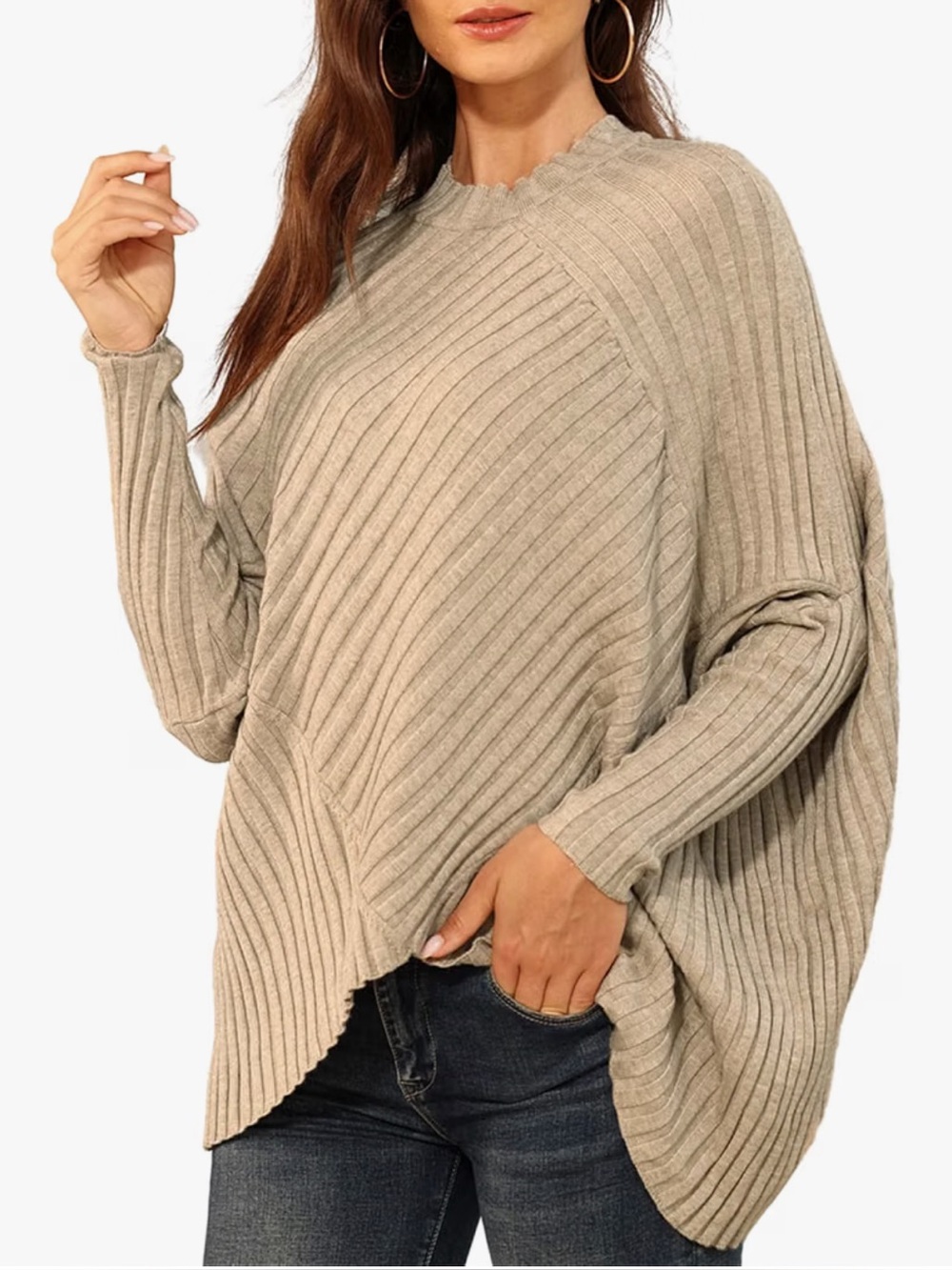 JASAMBAC Women's Turtleneck Sweater Batwing Long Sleeve Asymmetric Hem Oversized